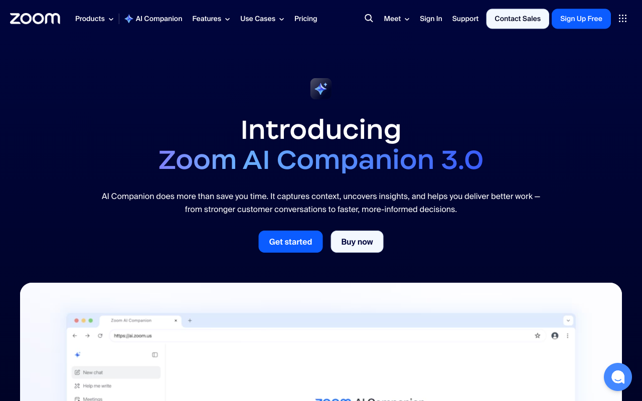 Zoom AI Companion website screenshot